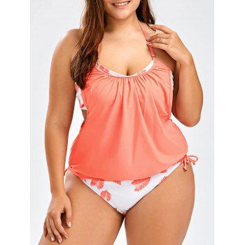 

Leaf Plus Size Halter Tankini Swimsuits, Orange pink