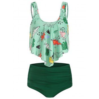 

Tummy Control Tankini Swimsuit Cartoon Dinosaur Print Swimwear Flounce Full Coverage Ruched Summer Beach Bathing Suit, Green