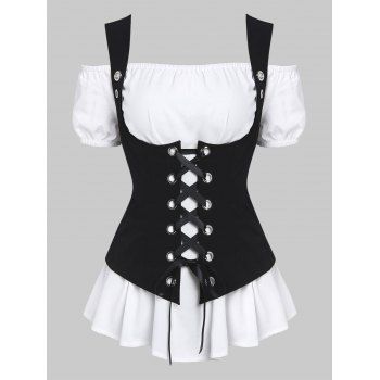 Image of Off Shoulder Casual Blouse and Lace-up Waistcoat Set