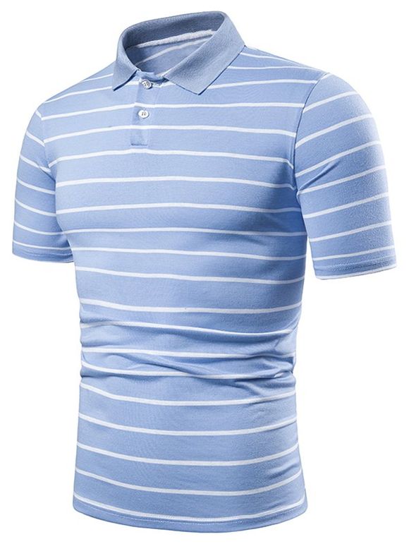 T-shirt Rayé Mince à Col Chemise - Bleu de Ciel 2XL