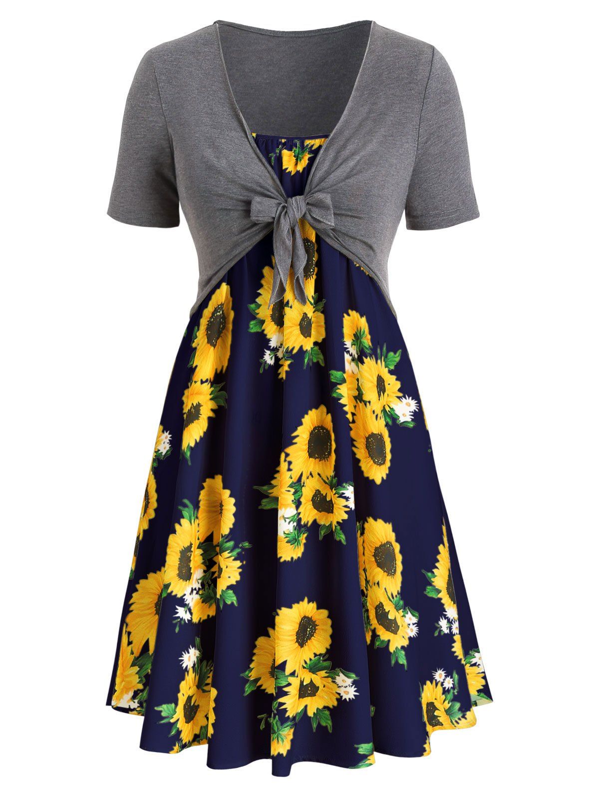 

Plus Size Sunflower Print Dress With Front Knot Top, Multi-h