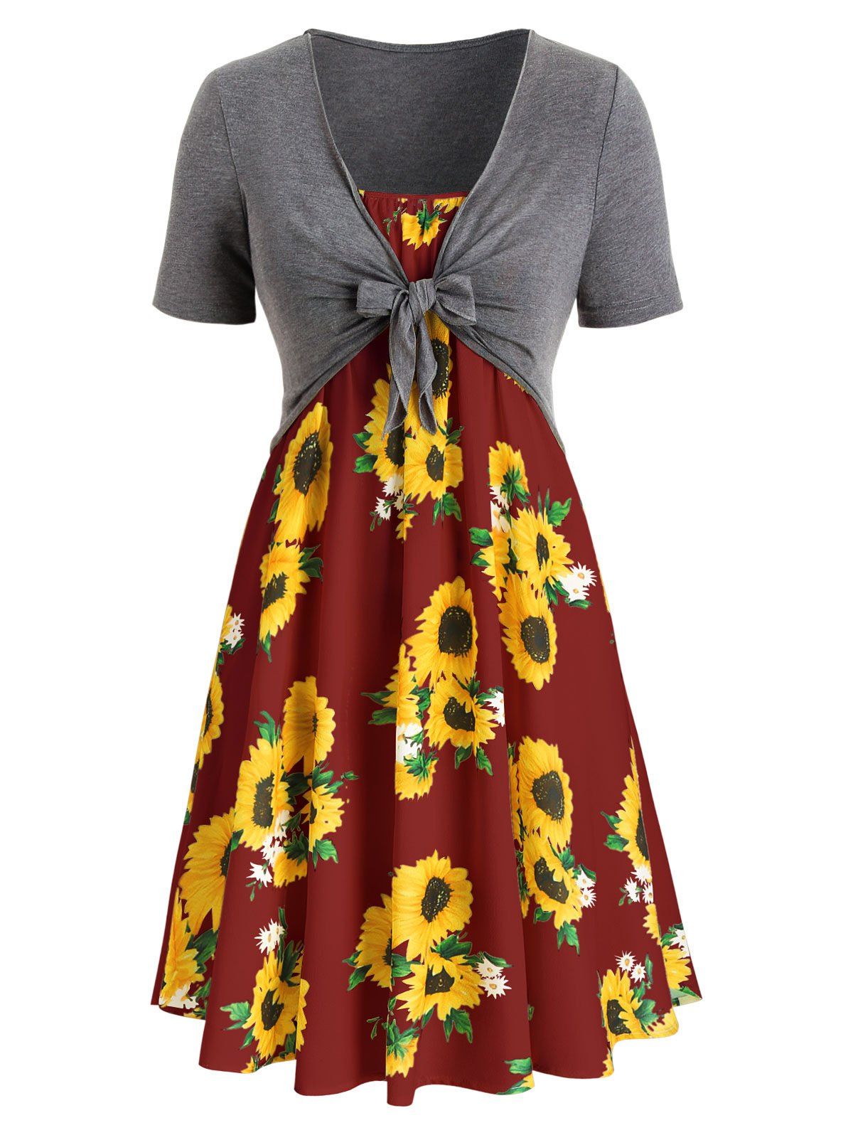 

Plus Size Sunflower Print Dress With Front Knot Top, Multi-f