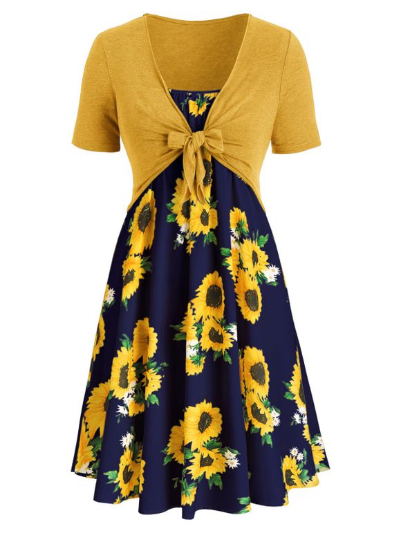 Robe à Imprimé Tournesol Nouée en Avant de Grande Taille Deux Pièces - multicolor G 5X