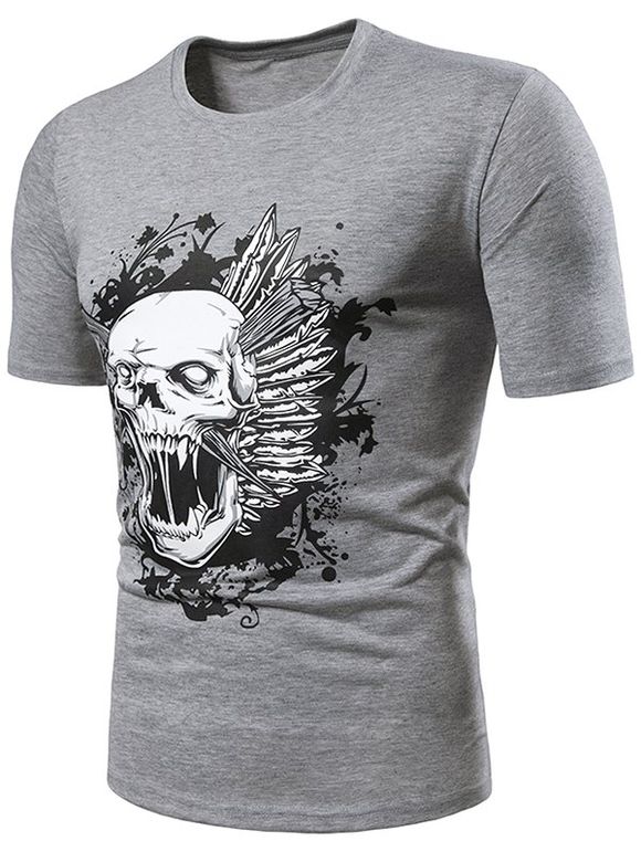 T-shirt Crâne Imprimée à Manches Courtes - Gris 2XL