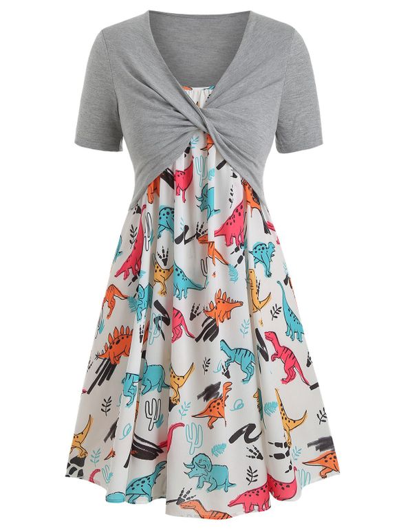 Robe à Imprimé Dinosaure de Grande Taille avec Haut Tordu Deux Pièces - Gris 2X
