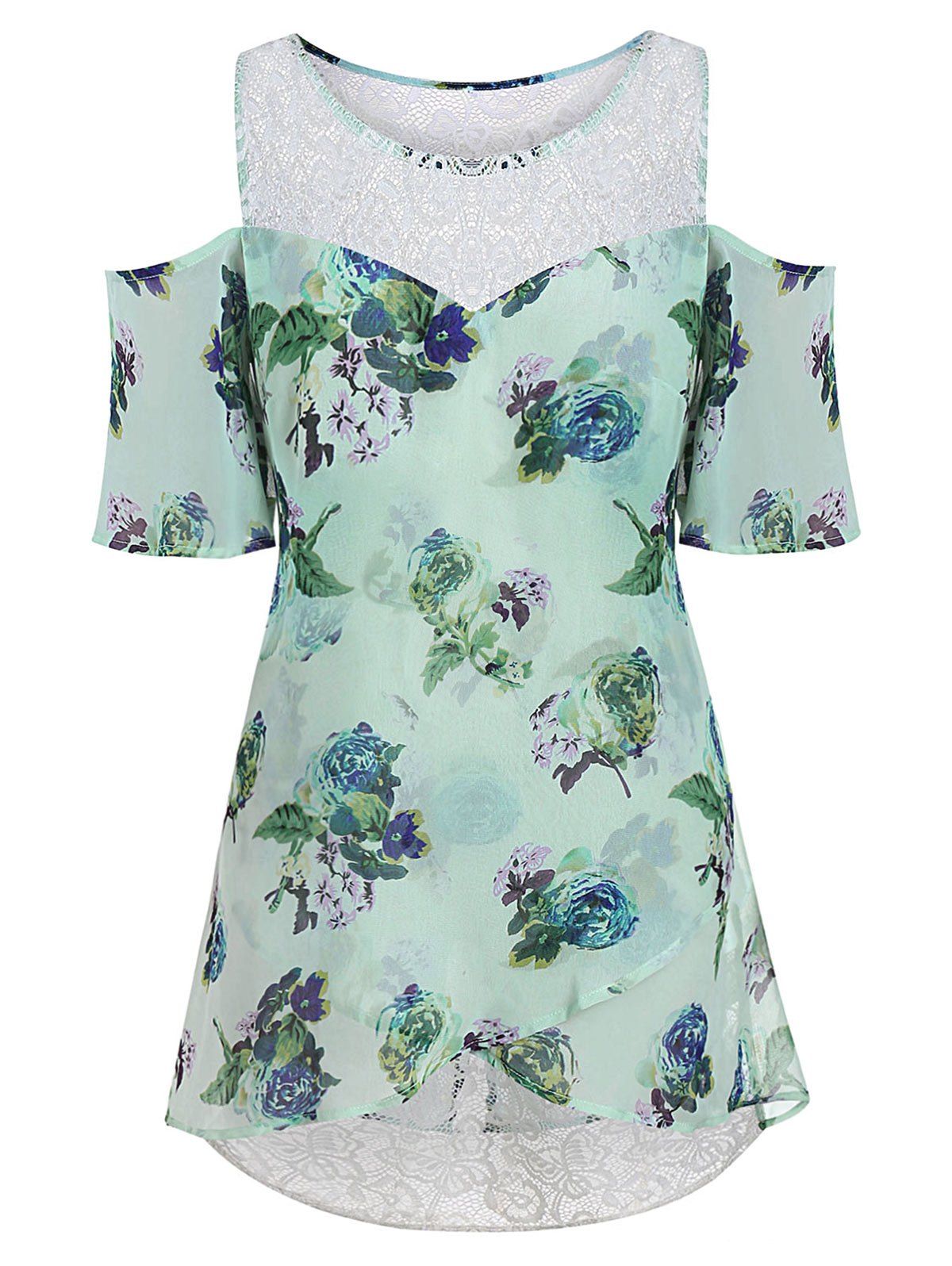 

Plus Size Cold Shoulder Lace Insert Floral Blouse, Pale blue lily
