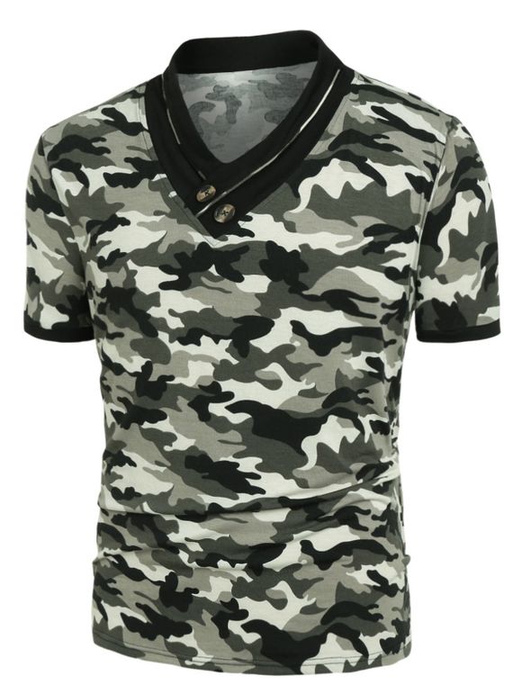 T-shirt Camouflage Imprimé à Col V avec Bouton - Camouflage des Bois 2XL