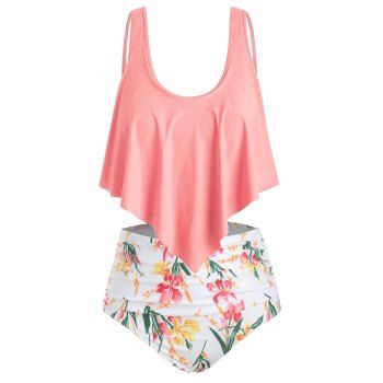 

Flounce Floral Plus Size High Waisted Bikini Set, Light coral
