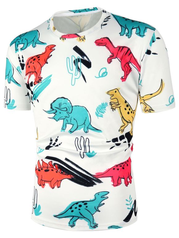 T-shirt Dinosaure Dessin Animé Imprimé à Manches Courtes - Blanc XS