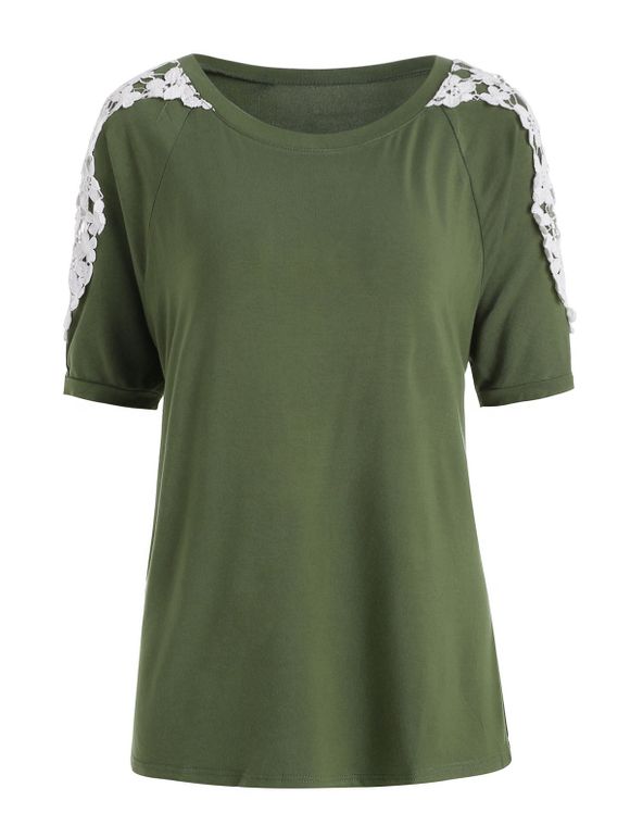 T-shirt en Dentelle Insérée de Grande Taille à Manches Raglan - Vert Armée 5X