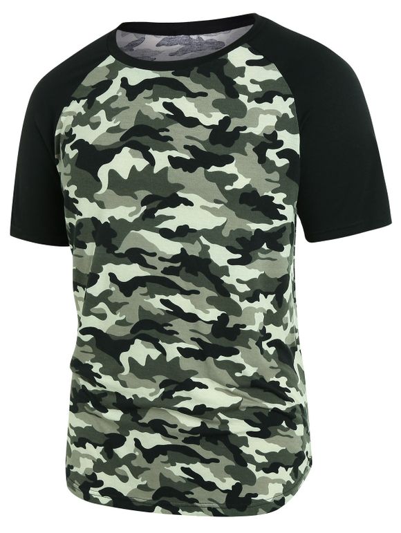 T-shirt Camouflage Imprimé Manches Raglan à Col Rond - Vert Armée 2XL