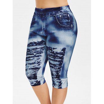

Plus Size 3D Ripped Jean Print Legging, Denim dark blue