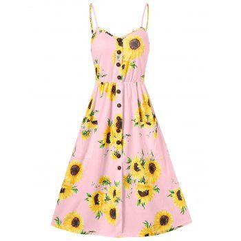 

Vacation Sundress Sunflower Print Button Up Summer A Line Cami Dress, Sakura pink
