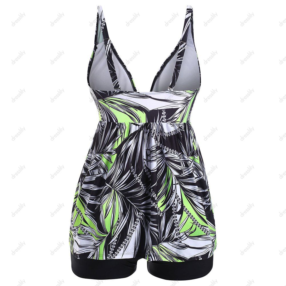 

Plus Size Twist Leaf Print Tankini Set, Black