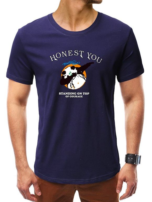 T-shirt Lettre et Panda Imprimés à Manches Courtes - Bleu profond L
