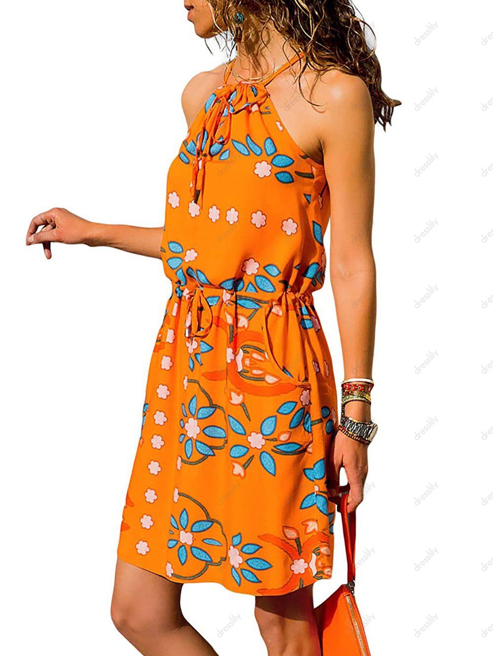 Vacation Floral Print Lace Up Drawstring Pockets Halter Cami Mini Dress 