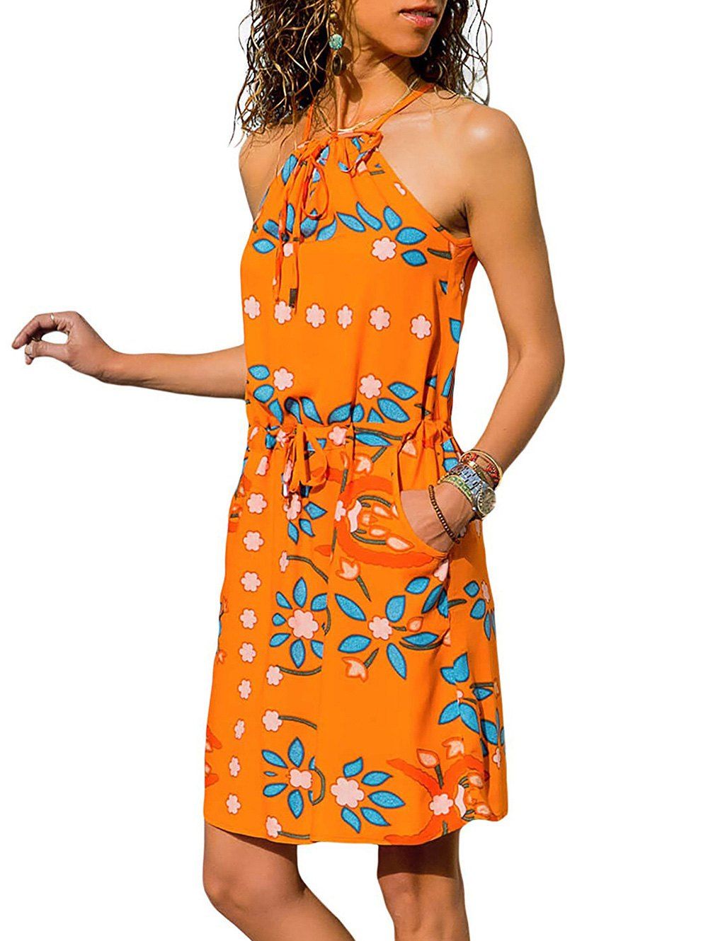 Vacation Floral Print Lace Up Drawstring Pockets Halter Cami Mini Dress - DARK ORANGE XL