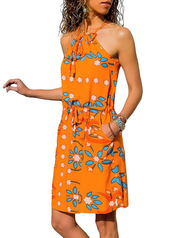 Vacation Floral Print Lace Up Drawstring Pockets Halter Cami Mini Dress - DARK ORANGE L