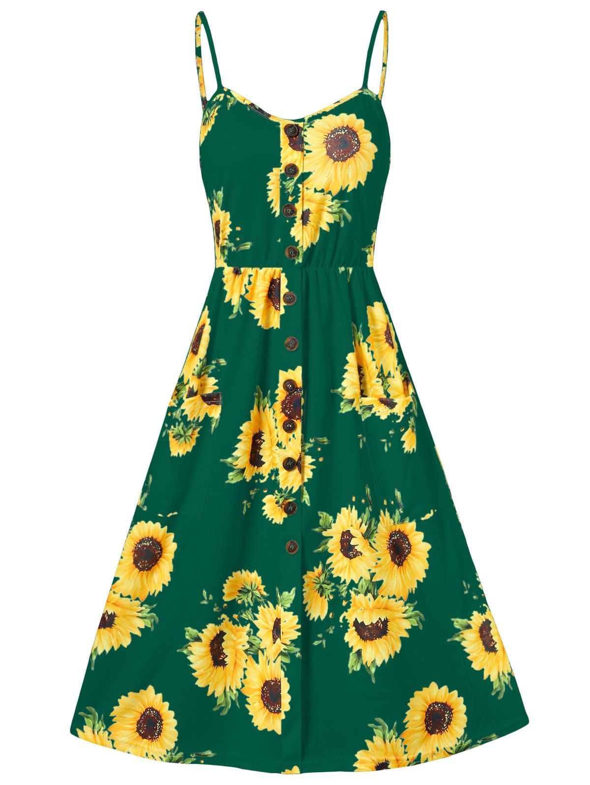 

Sunflower Print Button Up A Line Cami Dress, Deep green