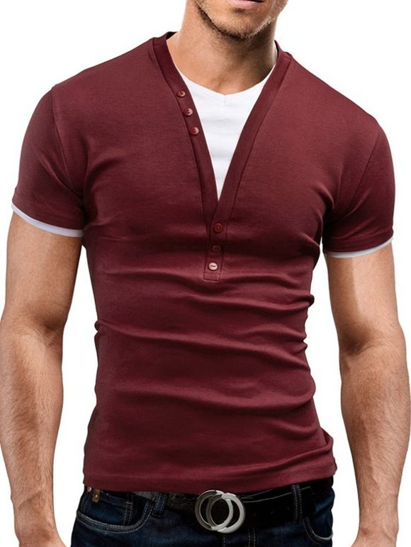 T-shirt avec Bouton Fausse Deux Pièces - Rouge Vineux XL