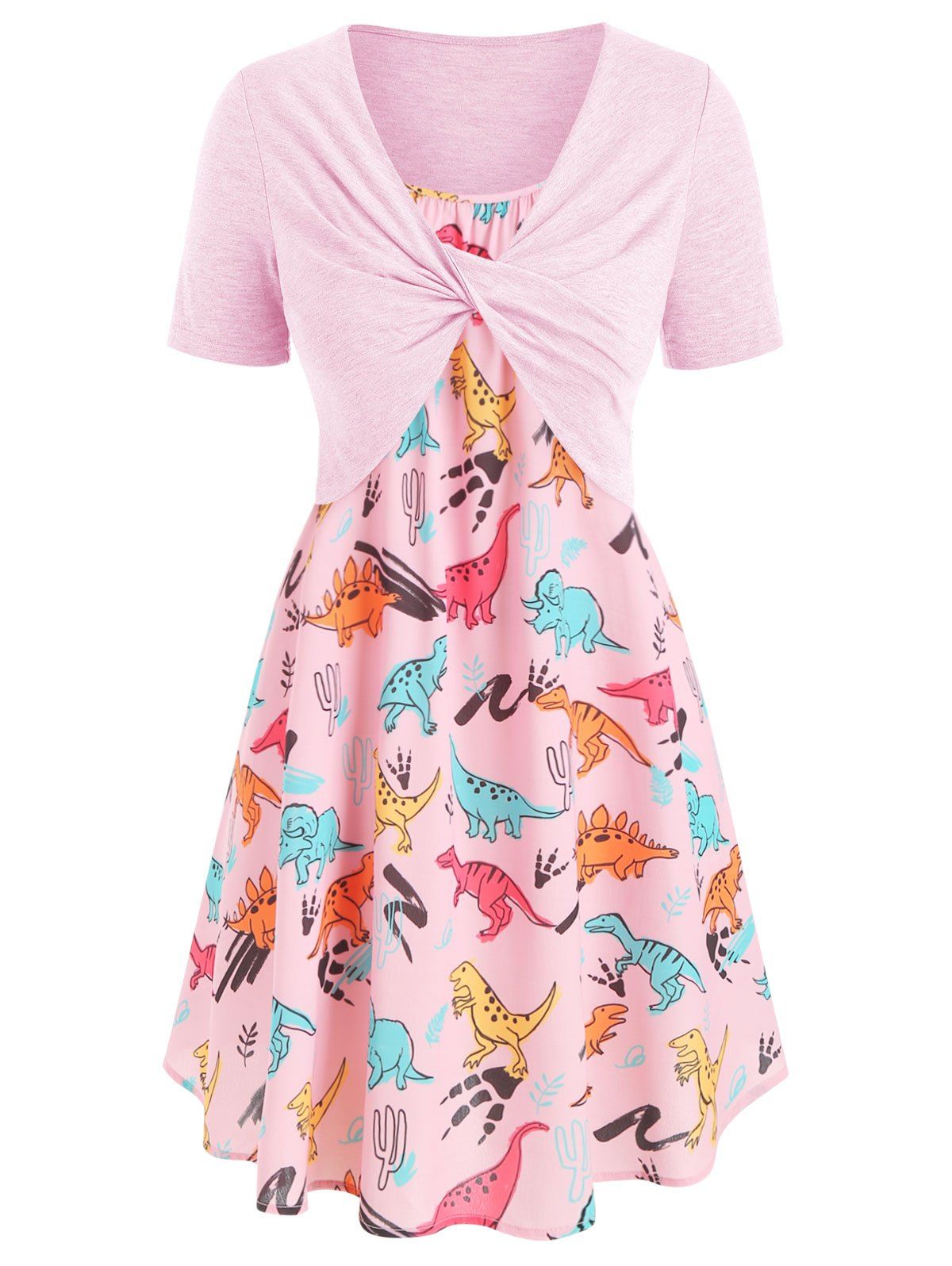 

Plus Size Dinosaur Print Ruffled Dress With Twist Top, Pink