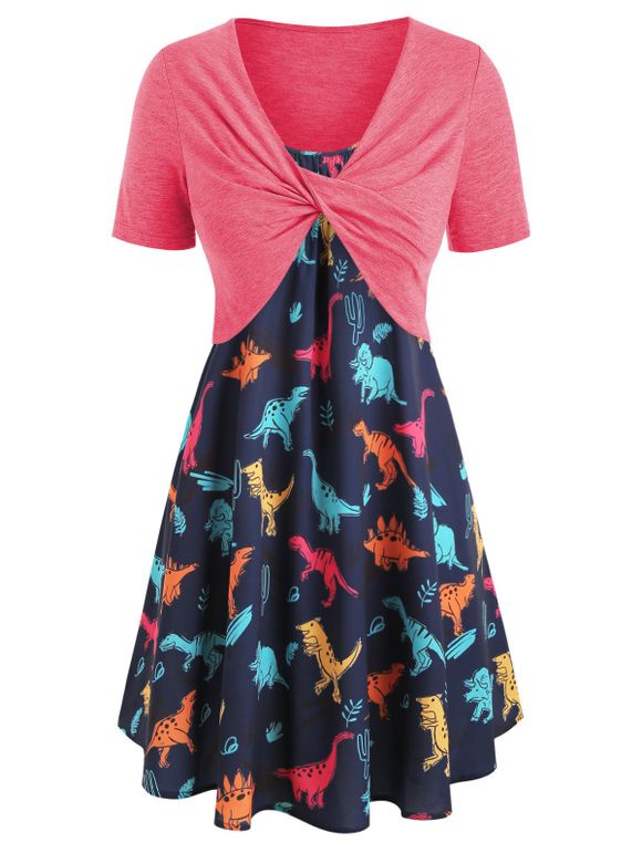 Robe à Imprimé Dinosaure de Grande Taille avec Haut Tordu Deux Pièces - Cadetblue 5X