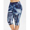 Legging Capri 3D Jean Déchiré Imprimé de Grande Taille - Bleu Foncé Toile de Jean 3X