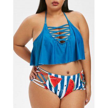 

Plus Size Criss Cross Watermelon Print Bikini Set, Multicolor a