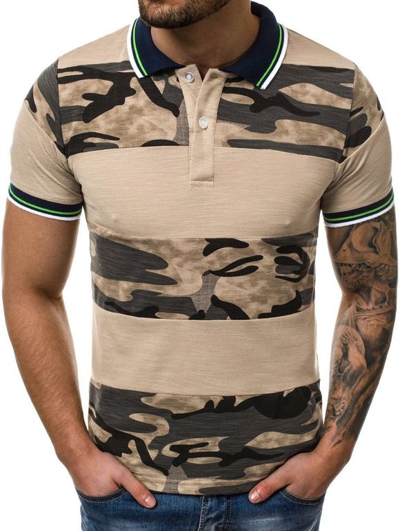 T-shirt Panneau Camouflage à Col Chemise - Kaki S