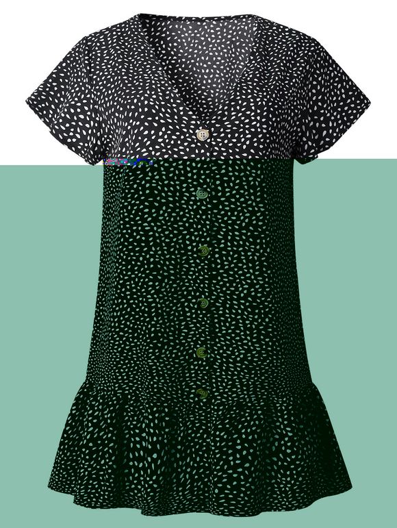 Robe Imprimée Boutonnée à Volants - Noir XL