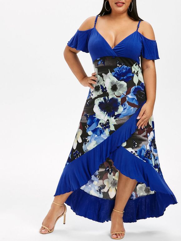 Robe Epaule Dénudée en Blocs de Couleurs de Grande Taille à Volants - Bleu profond 4X