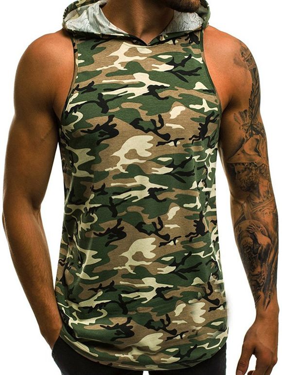 Débardeur à Capuche Motif de Camouflage - Vert Camouflage XL