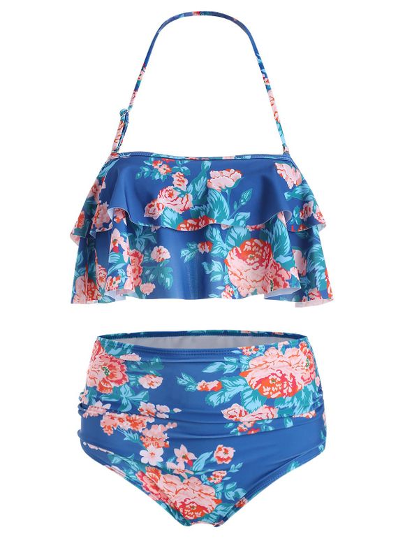 Floral Flounce High Waisted Bikini Set - LAPIS BLUE 2XL