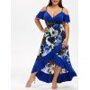 Robe Epaule Dénudée en Blocs de Couleurs de Grande Taille à Volants - Bleu profond 4X