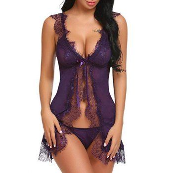 Buy Bowknot Embellished Lace Panel Mesh Babydoll. Picture