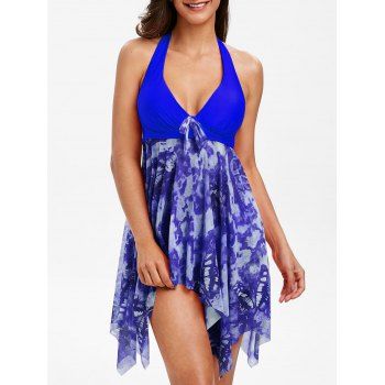 

Asymmetric Mesh Modest Swimsuit Plunge Moulded Bowknot Printed Tankini Swimwear Set, Blue