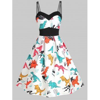 

Vintage Dinosaur Print High Waisted Cami Fit and Flare Dress, White