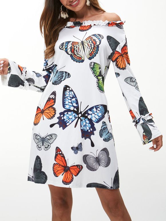Mini-Robe Papillon Imprimé à Epaule Dénudée - multicolor XL