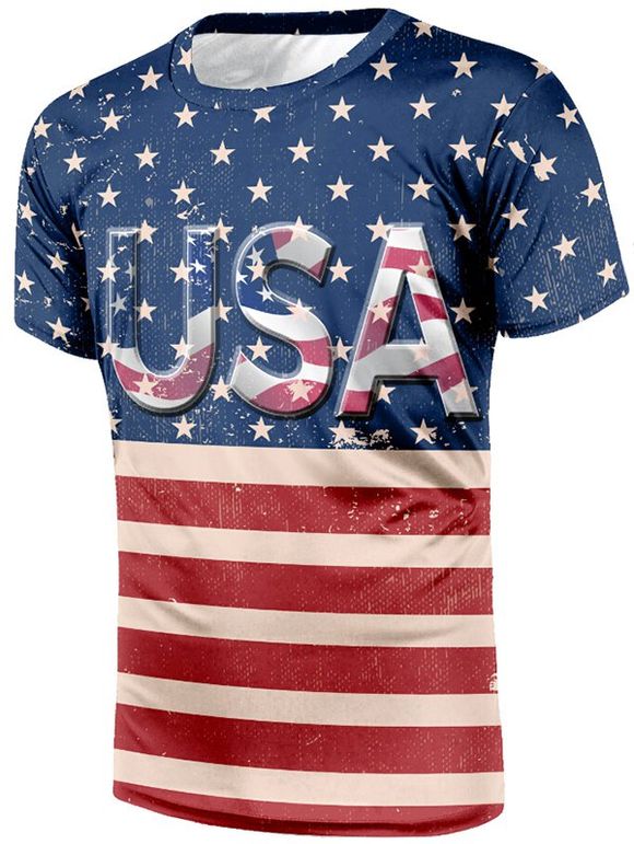 T-shirt Rétro Drapeau Américain Imprimé à Manches Courtes - multicolor M