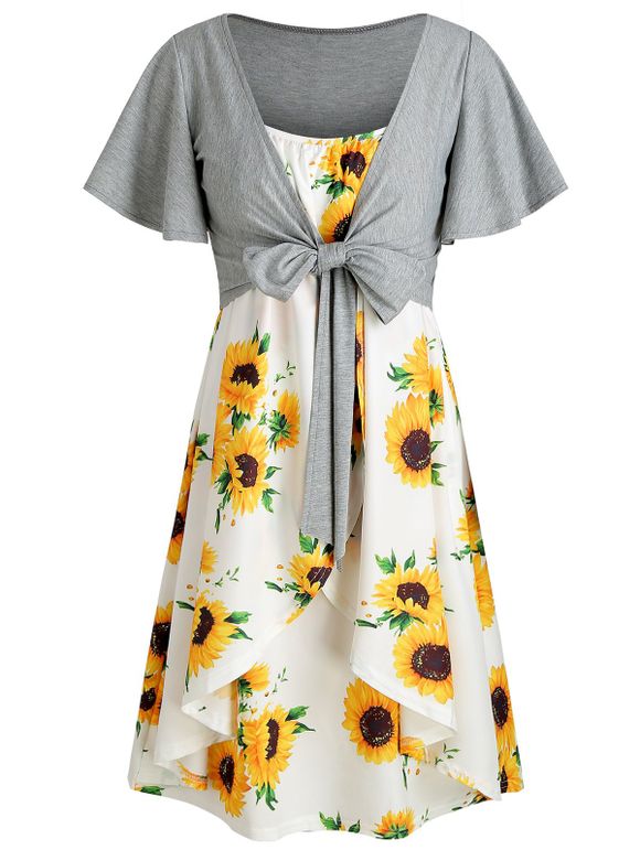 Knotted Top and Sunflower Cami Dress Set - WHITE L