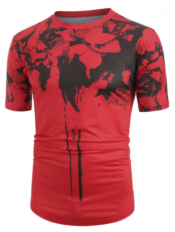 T-shirt Peinture d'Encre Eclaboussée Imprimée à Manches Courtes - Rouge XS