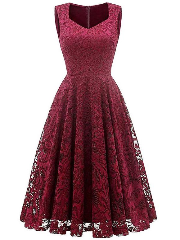 Sweetheart Sleeveless Lace Overlay Dress - Rouge Vineux 2XL