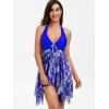 Asymmetric Mesh Modest Swimsuit Plunge Moulded Bowknot Printed Tankini Swimwear Set - BLUE S
