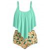 Ensemble de Bikini Tournesol Imprimé Plissé Superposé de Grande Taille - Bleu Vert 3X