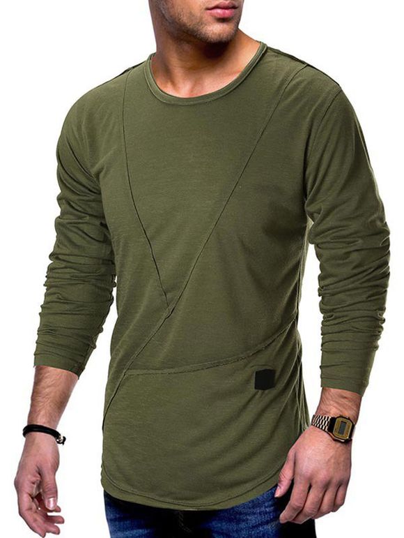 T-shirt Applique Jointif à Ourlet Courbe - Vert Armée 2XL