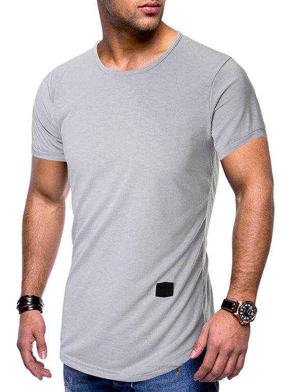 T-shirt Applique Ourlet Courbé à Manches Courtes - Gris Clair 3XL