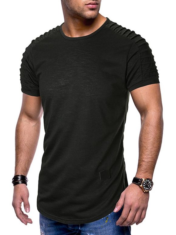T-shirt Plissé Ourlet Courbé à Manches Raglan - Noir 3XL