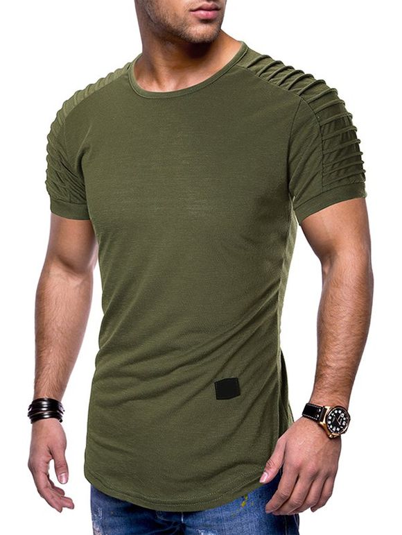 T-shirt Plissé Ourlet Courbé à Manches Raglan - Vert Armée L