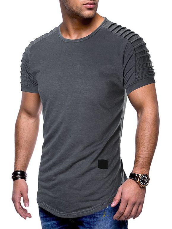 T-shirt Plissé Ourlet Courbé à Manches Raglan - Gris Foncé XL