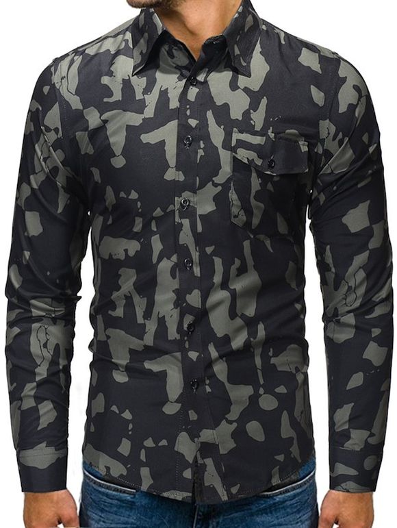 Chemise Camouflage Imprimé Boutonnée avec Poche à Manches Longues - Noir L